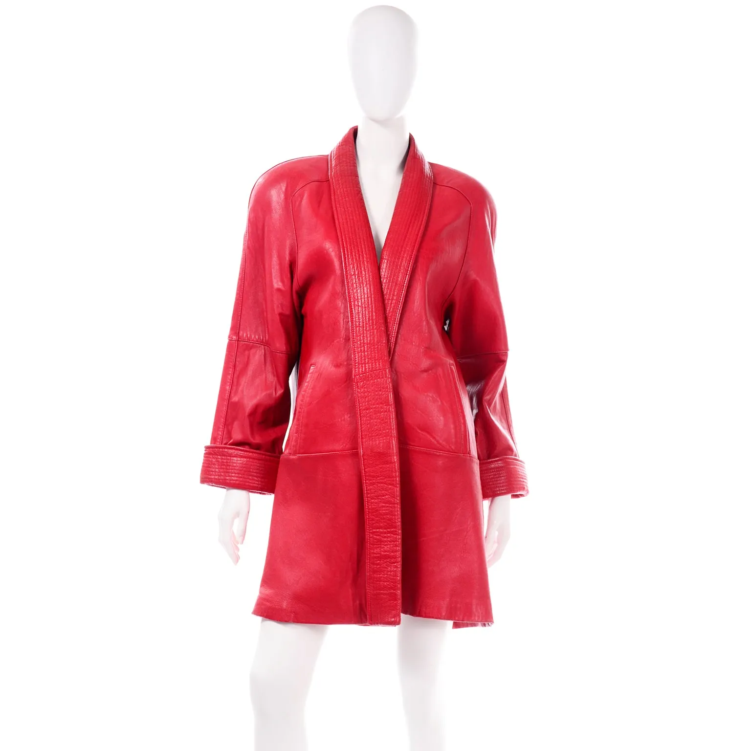 1980s Red Vintage Leather Open Front Coat With Shawl Collar