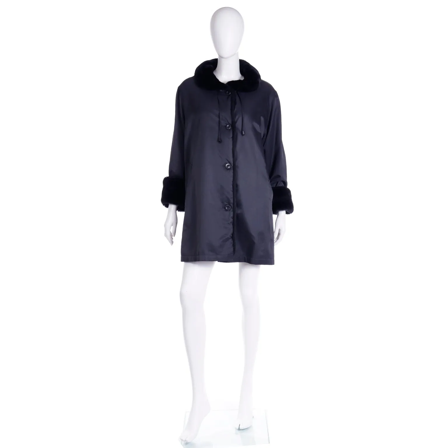 1990s Isaac Mizrahi Black All Weather Rain Coat w/ Faux Fur Lining