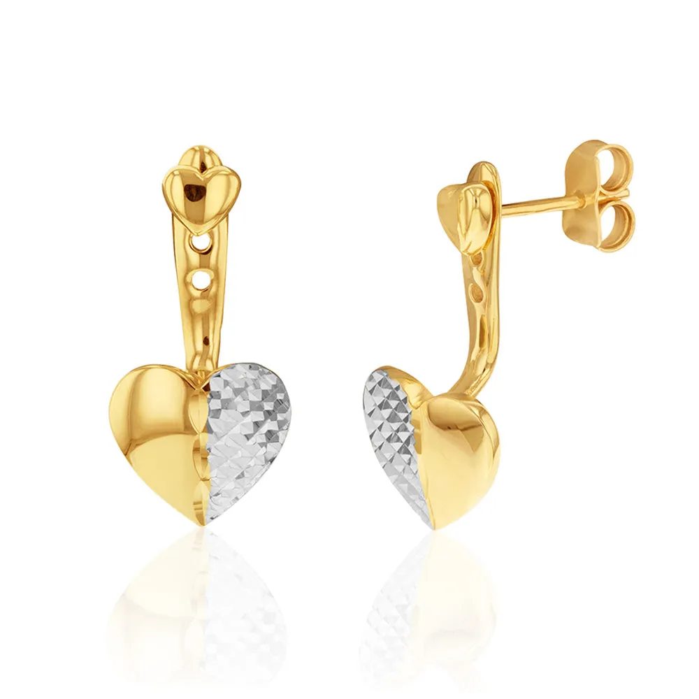 9ct Yellow Gold Two Tone Heart Earjacket Earrings