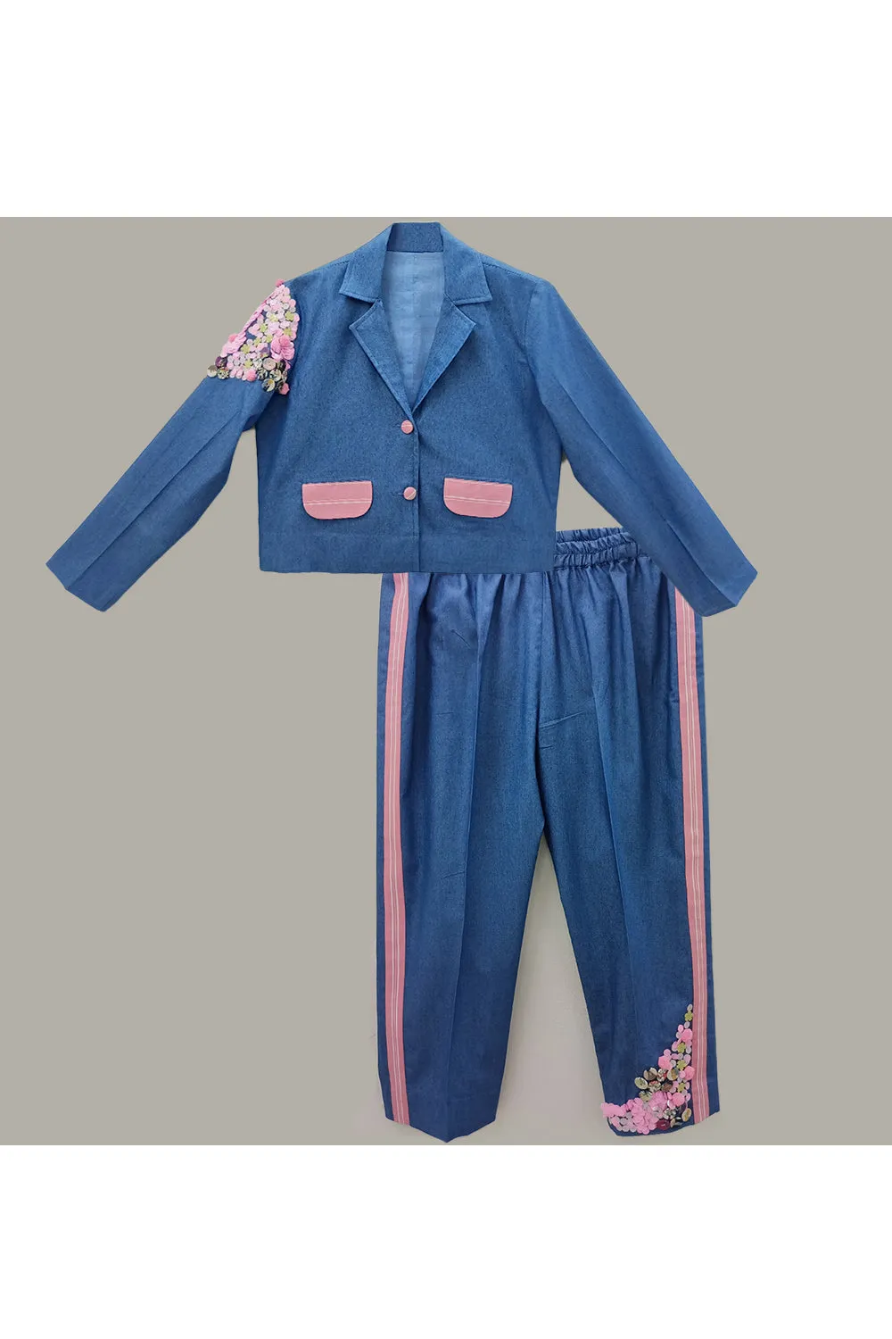 Blue soft denim embroidered jacket with pants