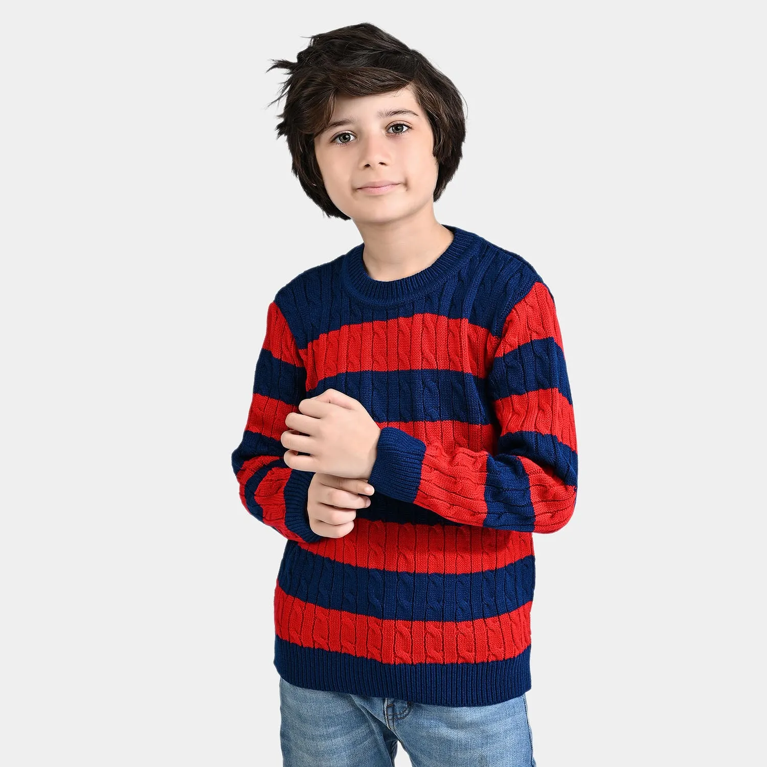 Boys Acrylic Sweater Cable Stripe-Navy/Red