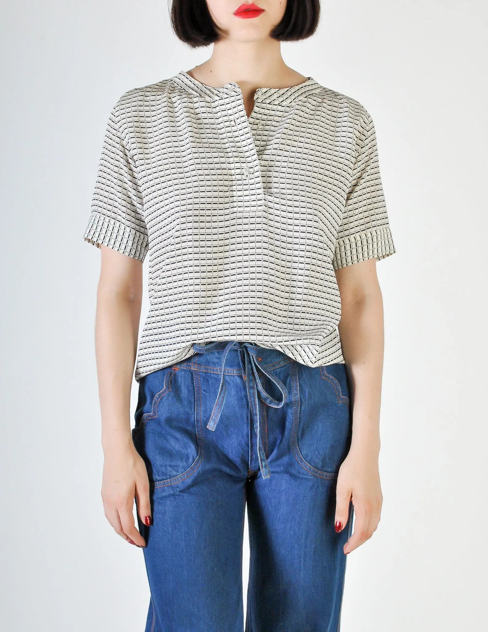 Chloé Vintage Navy Blue & Cream Grid Print Silk Top