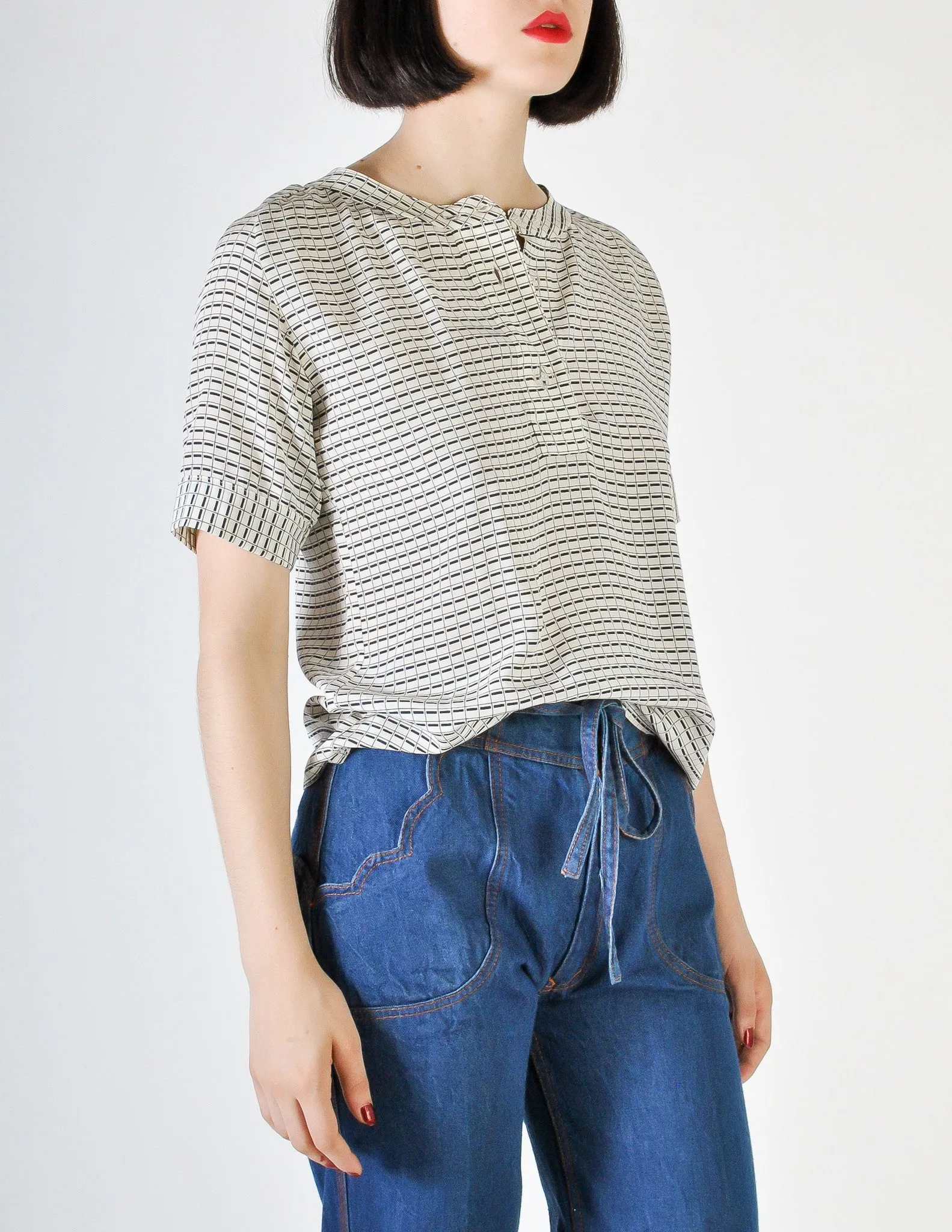 Chloé Vintage Navy Blue & Cream Grid Print Silk Top