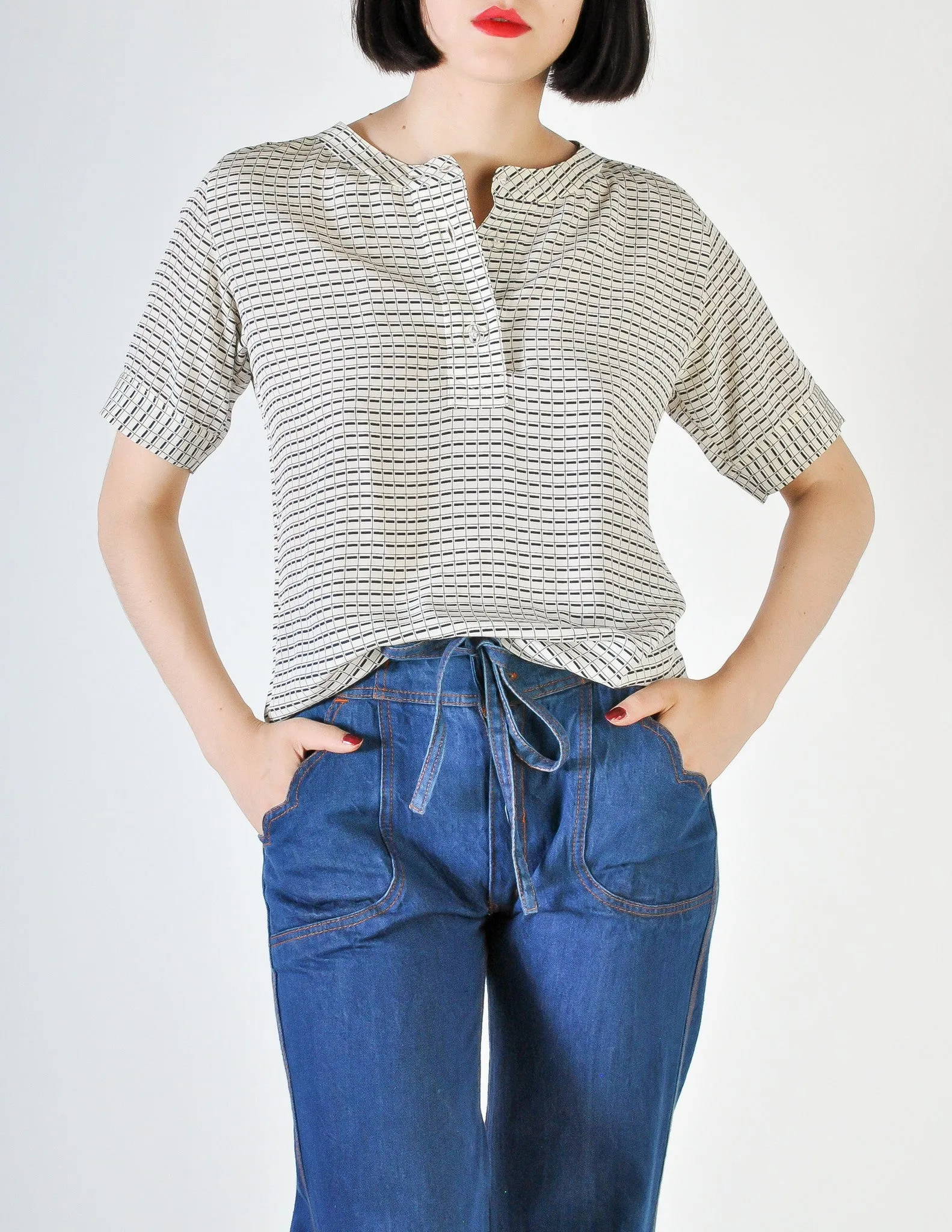 Chloé Vintage Navy Blue & Cream Grid Print Silk Top