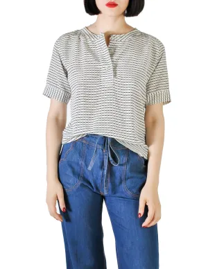 Chloé Vintage Navy Blue & Cream Grid Print Silk Top