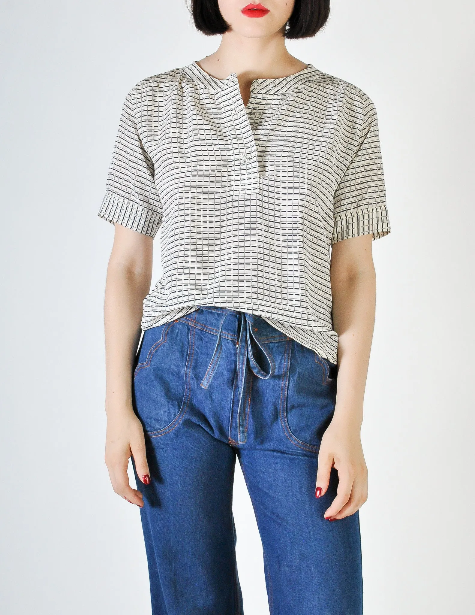 Chloé Vintage Navy Blue & Cream Grid Print Silk Top