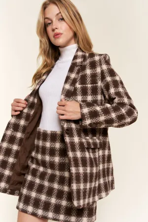 Full Size Plaid Brushed One Button Blazer