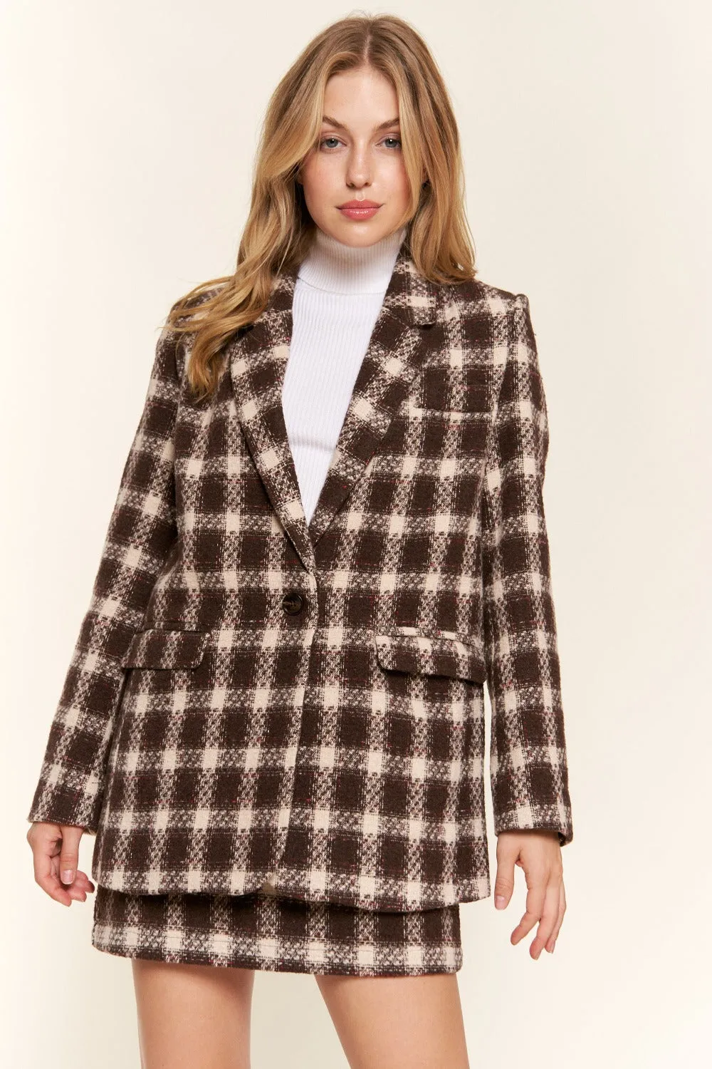 Full Size Plaid Brushed One Button Blazer