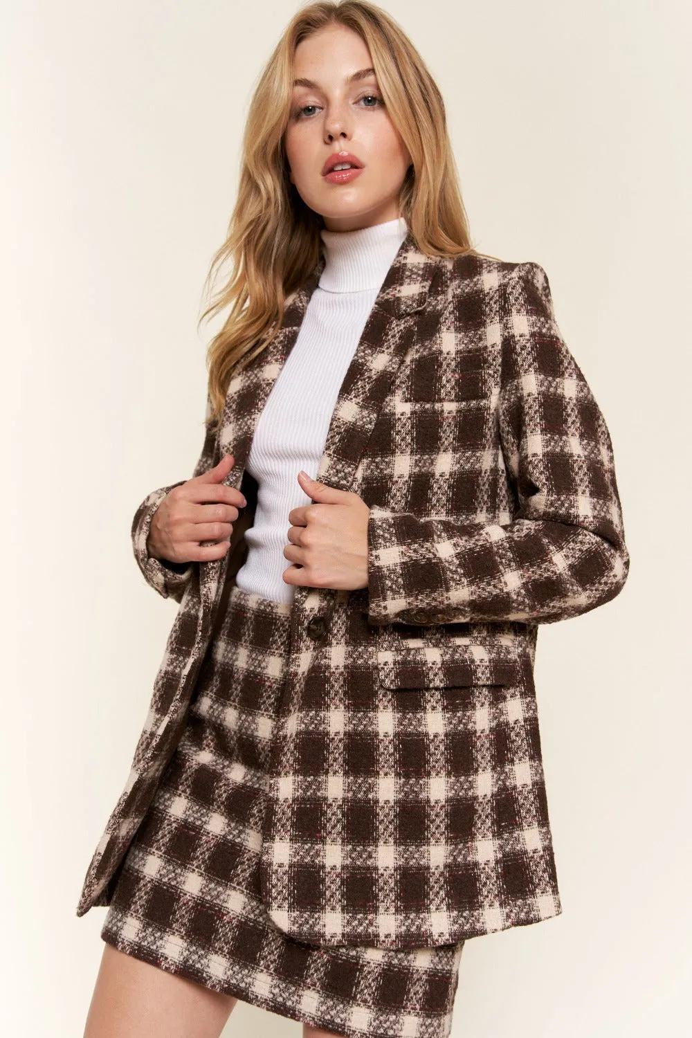 Full Size Plaid Brushed One Button Blazer