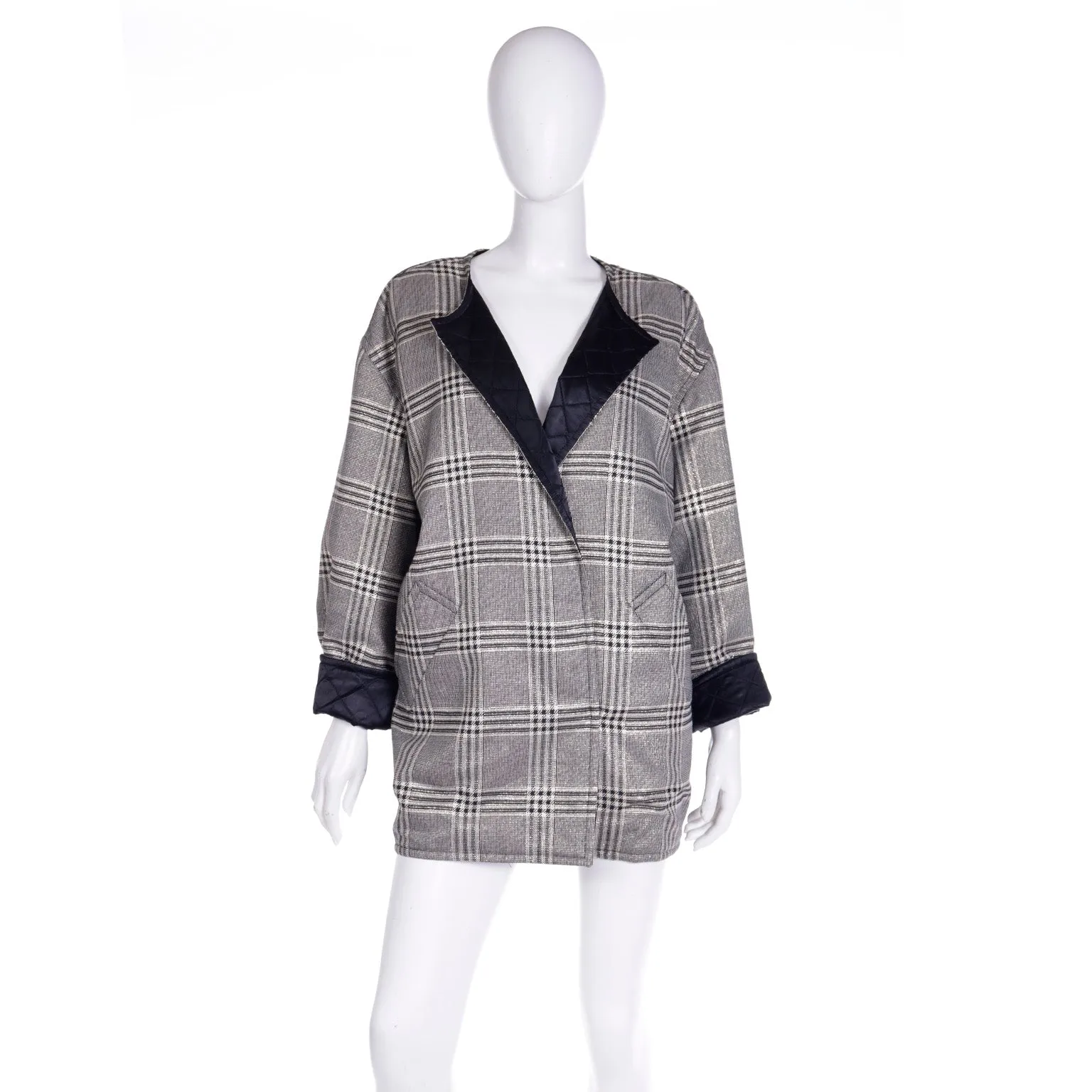 F/W 1992 Isaac Mizrahi Black Plaid Jacket w Gold Metallic Bergdorf Goodman