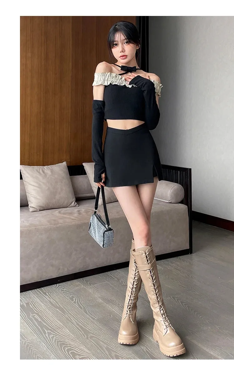 Girlary Black Suit Skirt For Women Spring And Autumn New Casual High Waist Slit Hip Skirt A-line Skirts