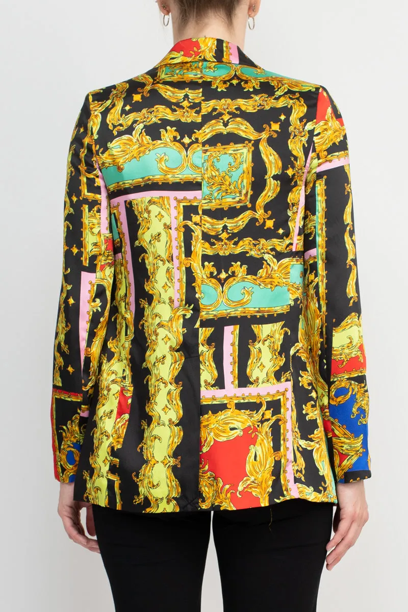 Industry Notched Collar One Button Closure Long Sleeve Multi Print Blazer