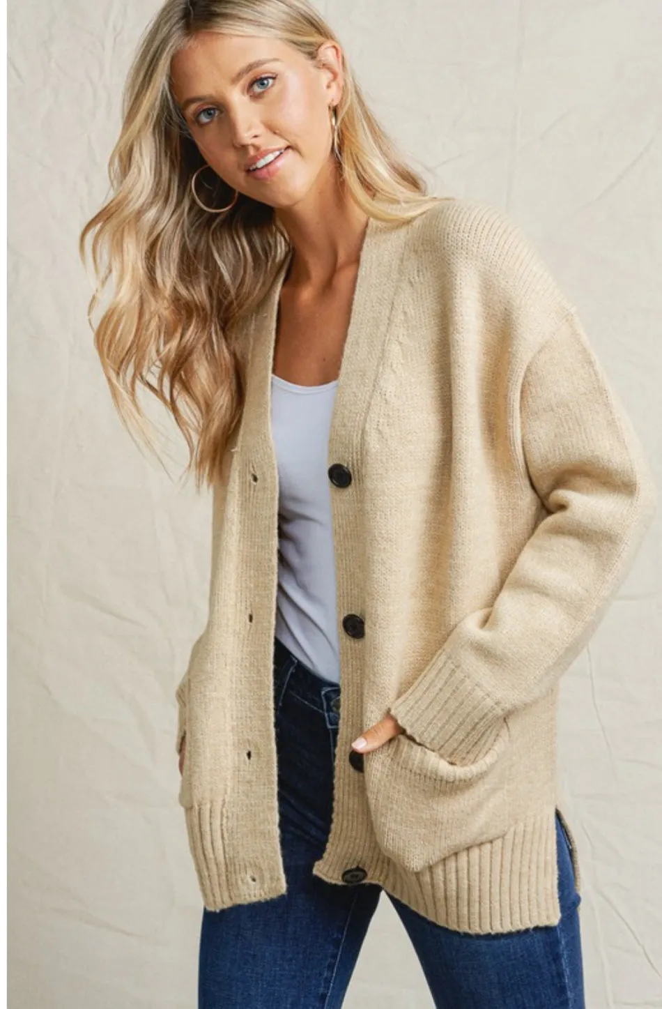 Laura Boyfriend Fit Button Down Cardigan: Beige