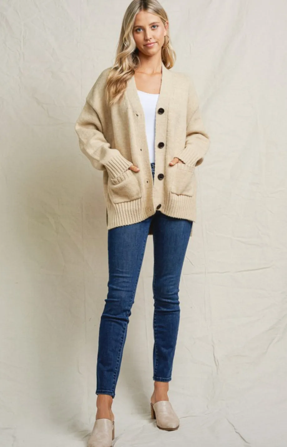 Laura Boyfriend Fit Button Down Cardigan: Beige