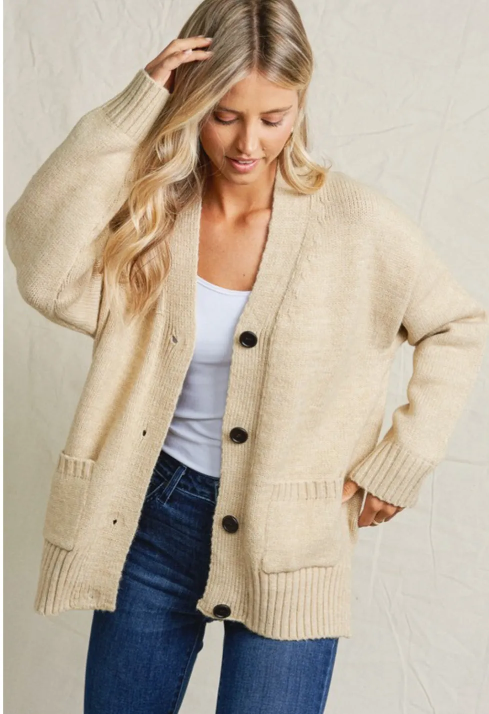 Laura Boyfriend Fit Button Down Cardigan: Beige