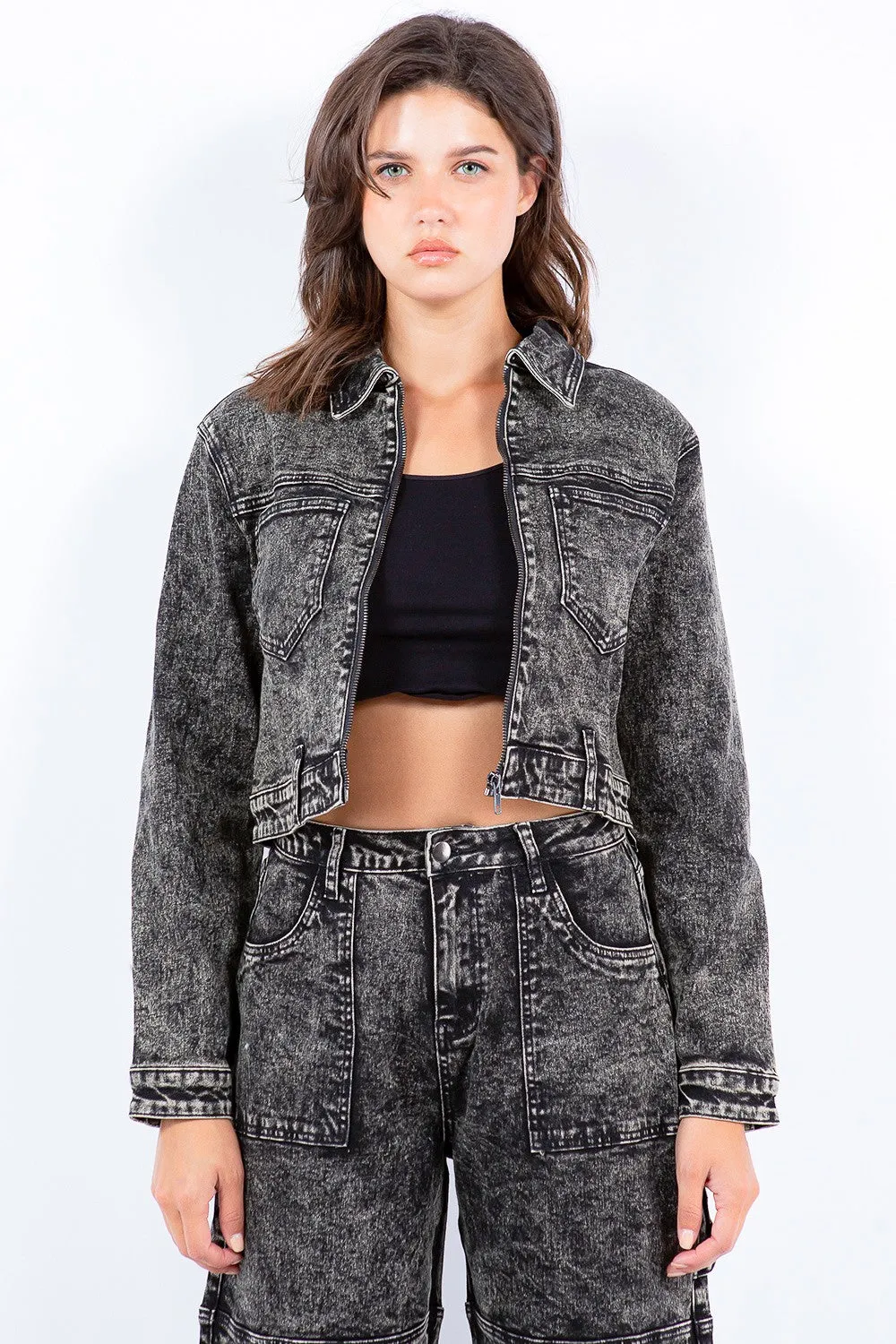 Overdyed Bleached Zip Up Cropped Jacket