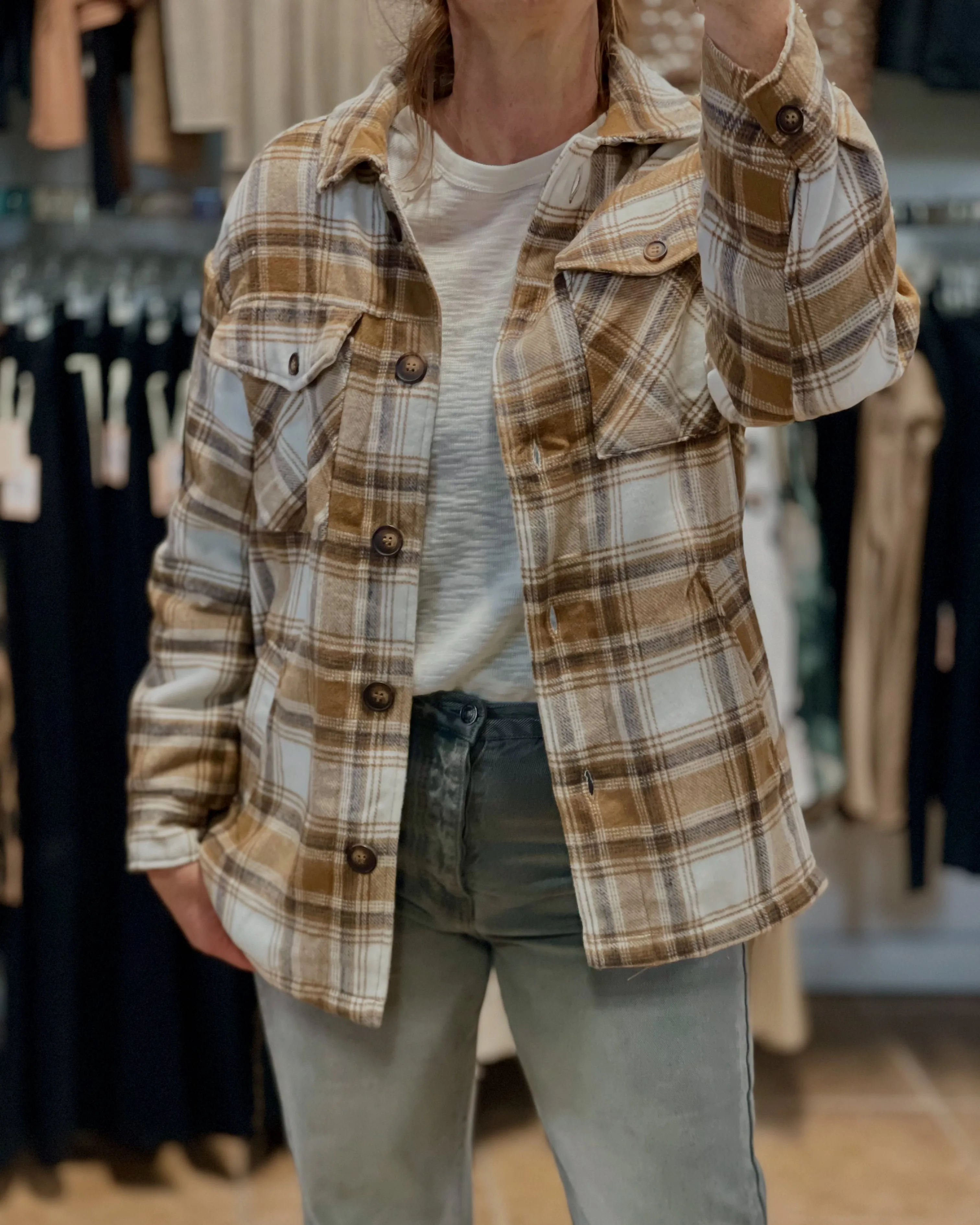 Plaid Button Up Jacket with Sherpa Lining