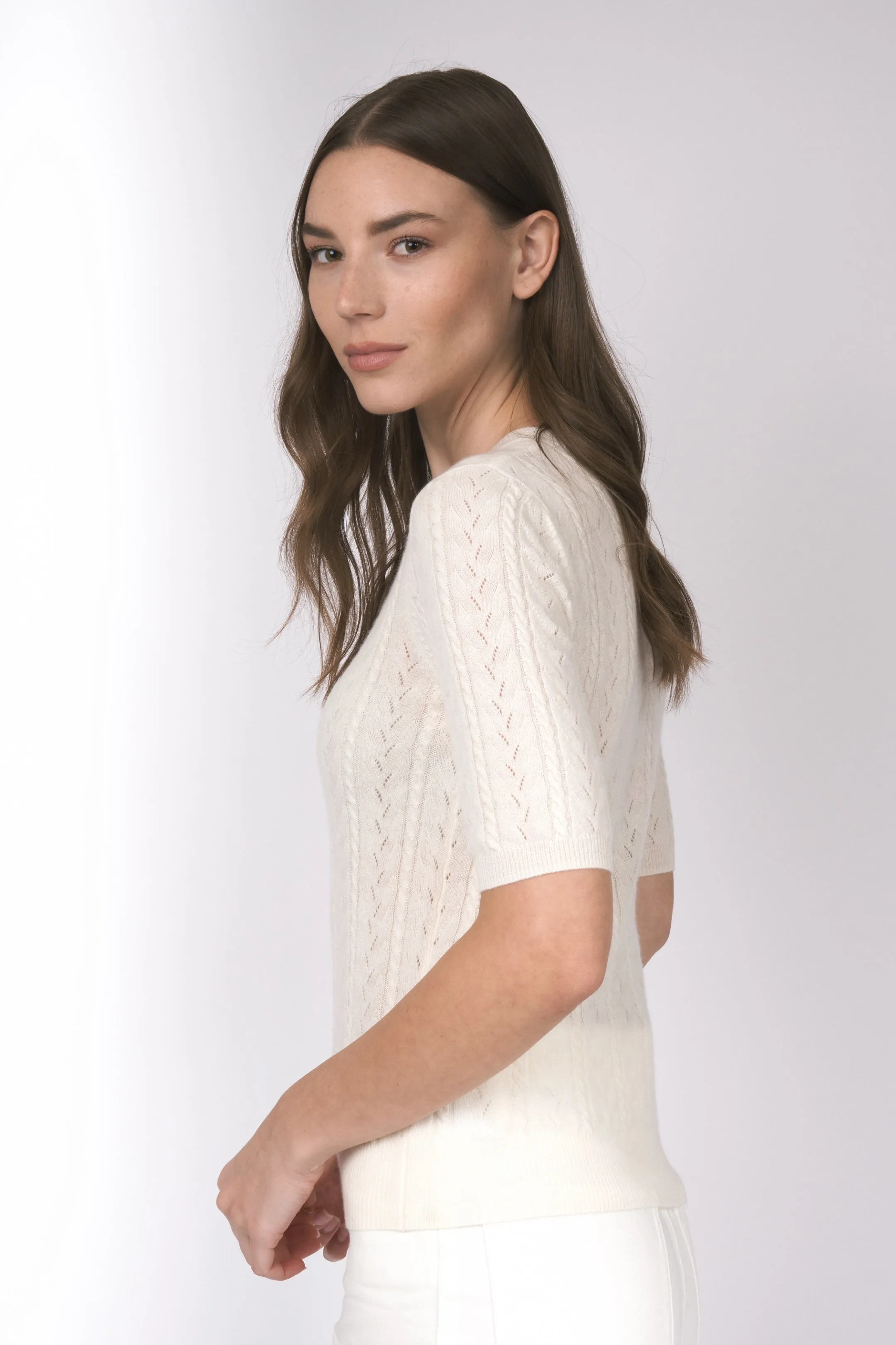 Robertson Madison 100% Cashmere Short Sleeve V Neck Sweater CC-269 | Ivory | Clearance Final Sale