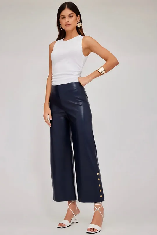 SOFT FAUX LEATHER BUTTON HEM PANT - NAVY