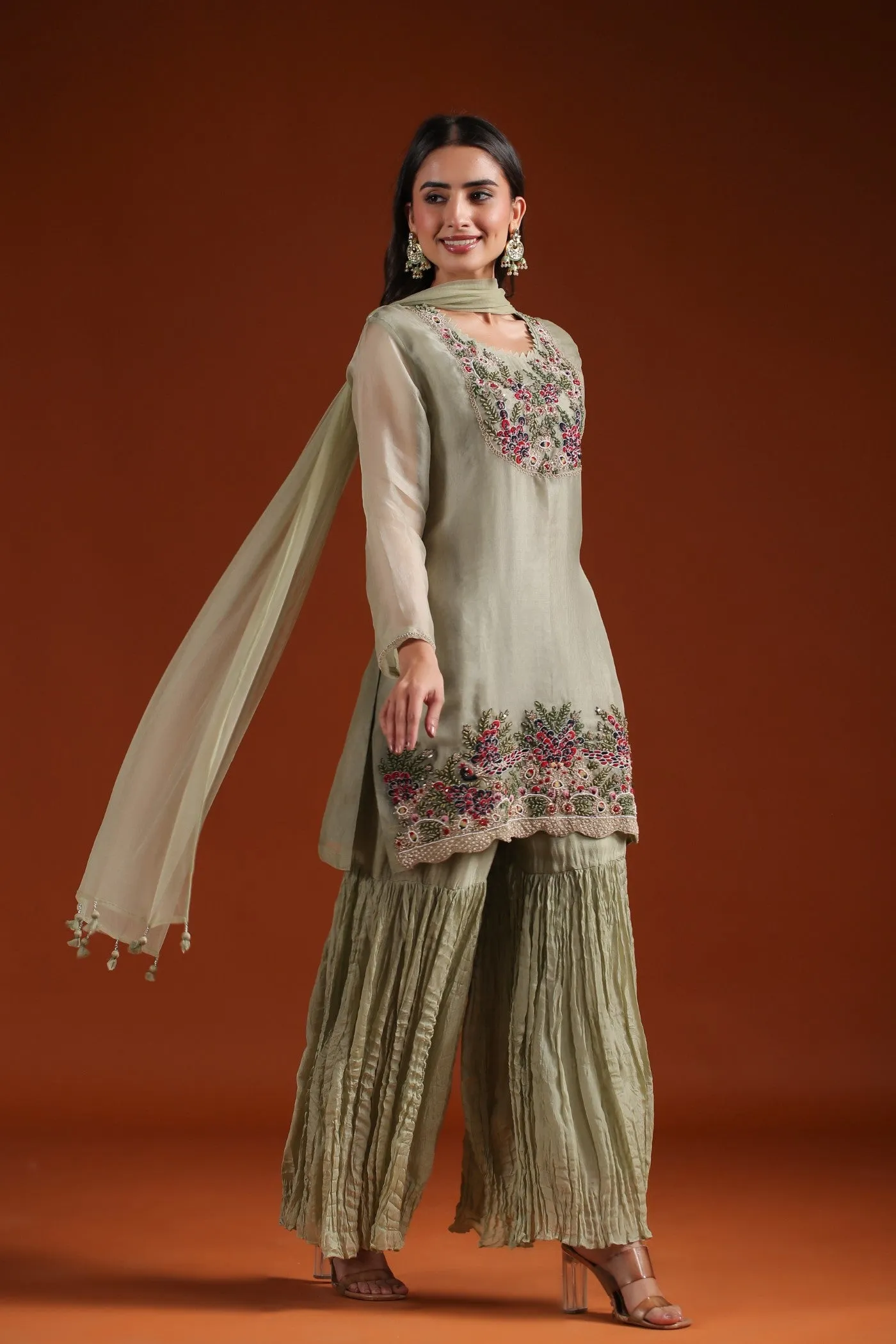 Soft Green Embroidered Organza Silk Sharara Set