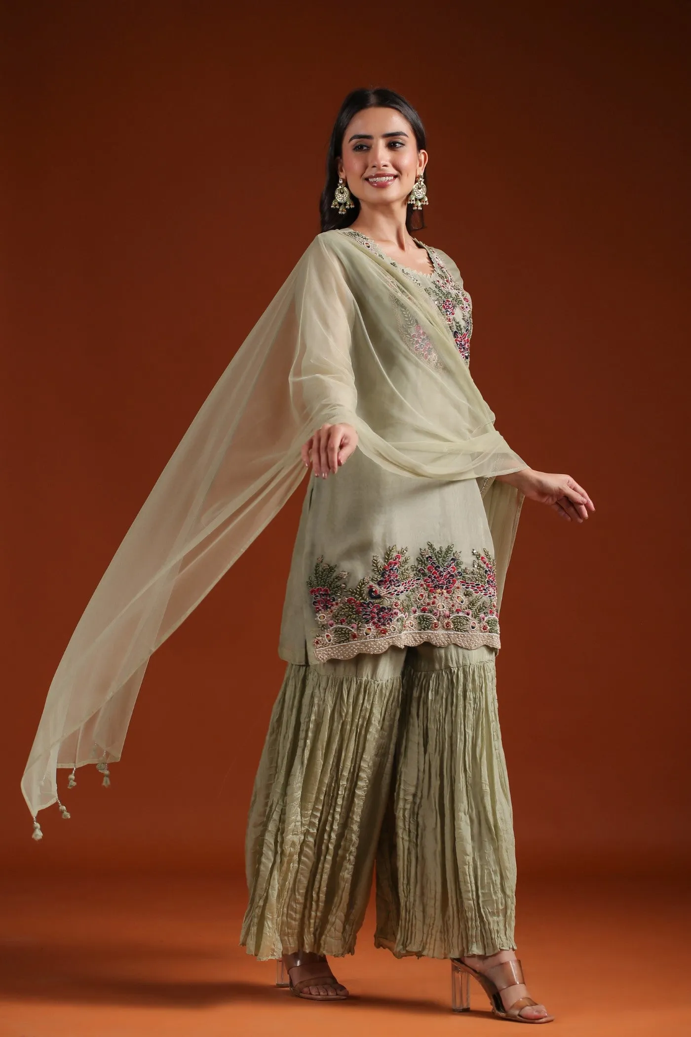 Soft Green Embroidered Organza Silk Sharara Set