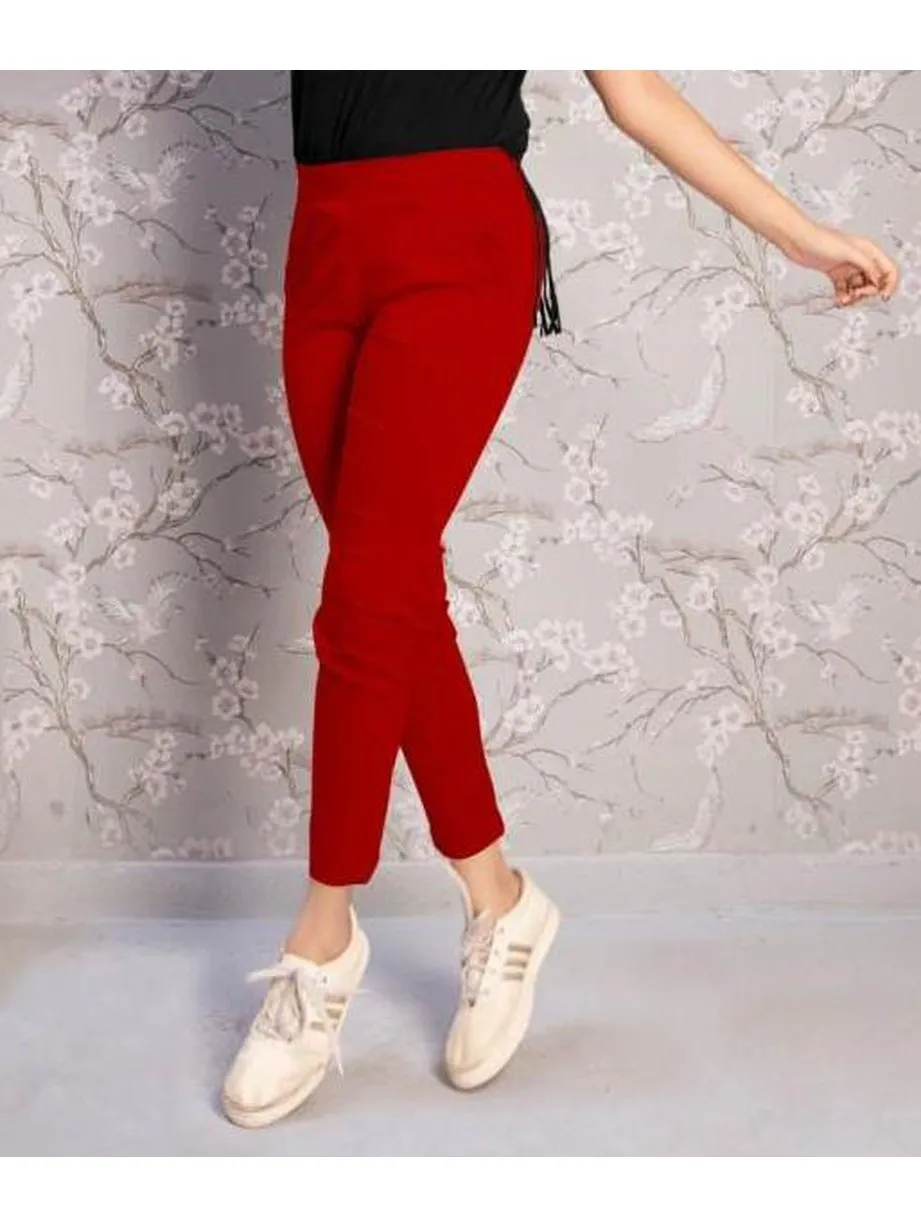 Soft Red Cotton Lycra Women Pants