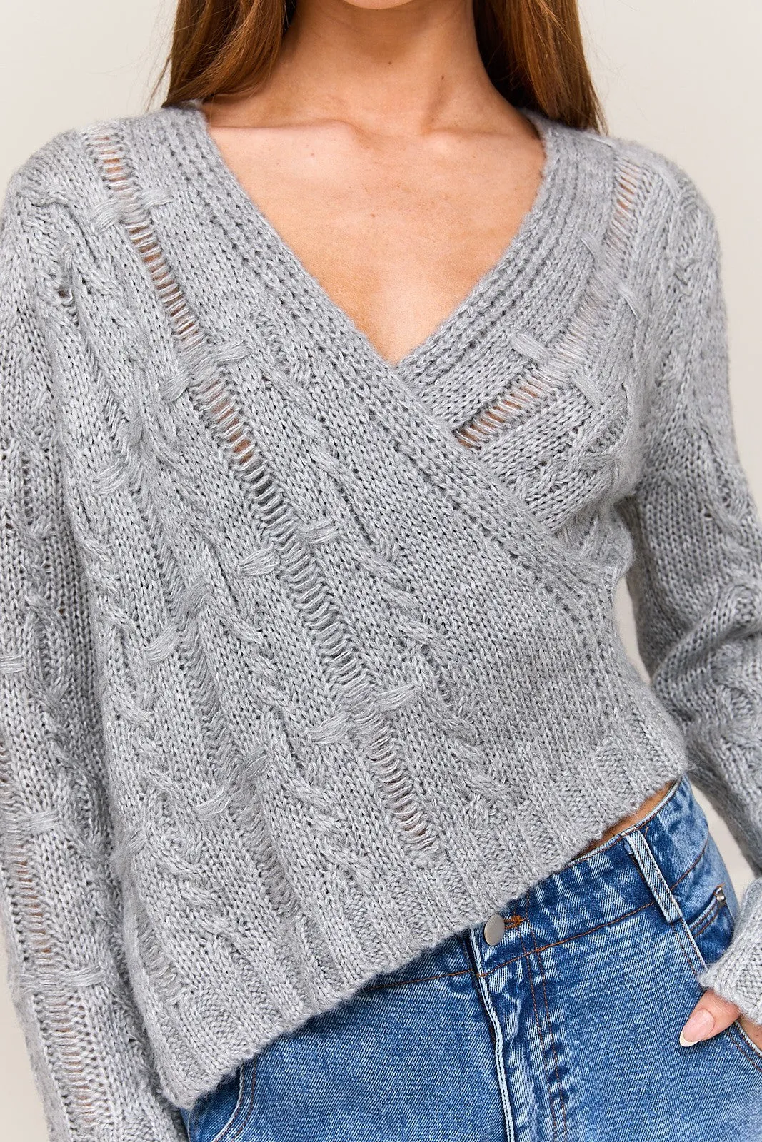 Surplice Neck Cable Sweater Top