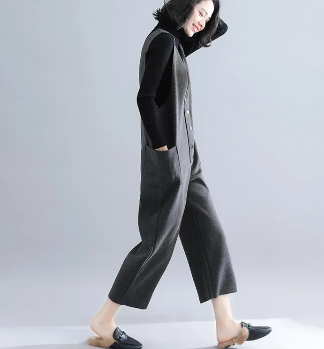 V Neck Casual Spring Black Wool Overall Women Jumpsuits PZ97251