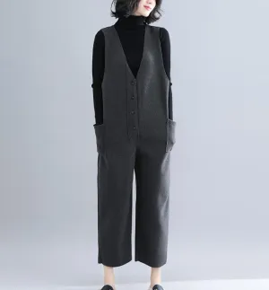 V Neck Casual Spring Black Wool Overall Women Jumpsuits PZ97251