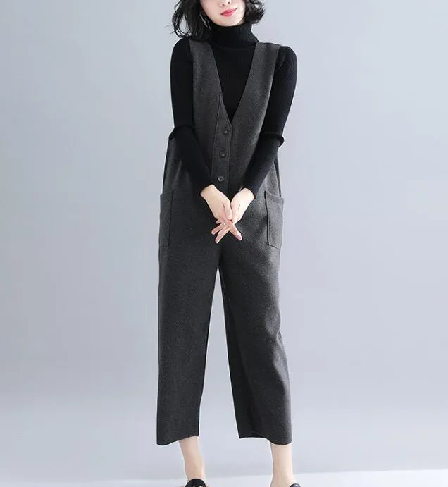 V Neck Casual Spring Black Wool Overall Women Jumpsuits PZ97251