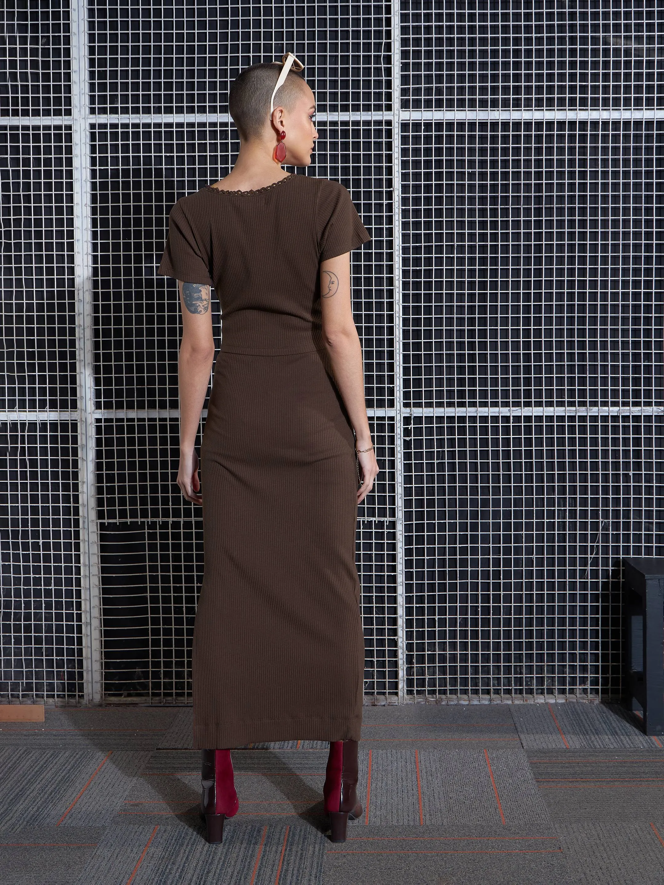 Women Brown Rib Round Neck Crop Top With Pencil Skirts