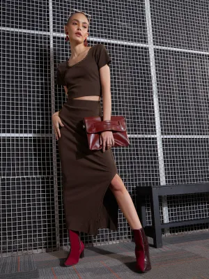 Women Brown Rib Round Neck Crop Top With Pencil Skirts