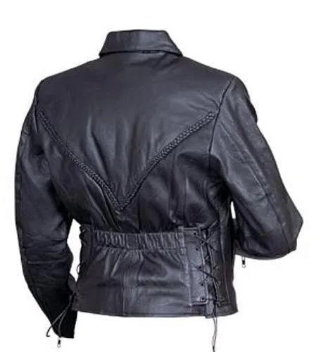 Women's Black Leather Motorcycle Jacket with Braids on Front and Back