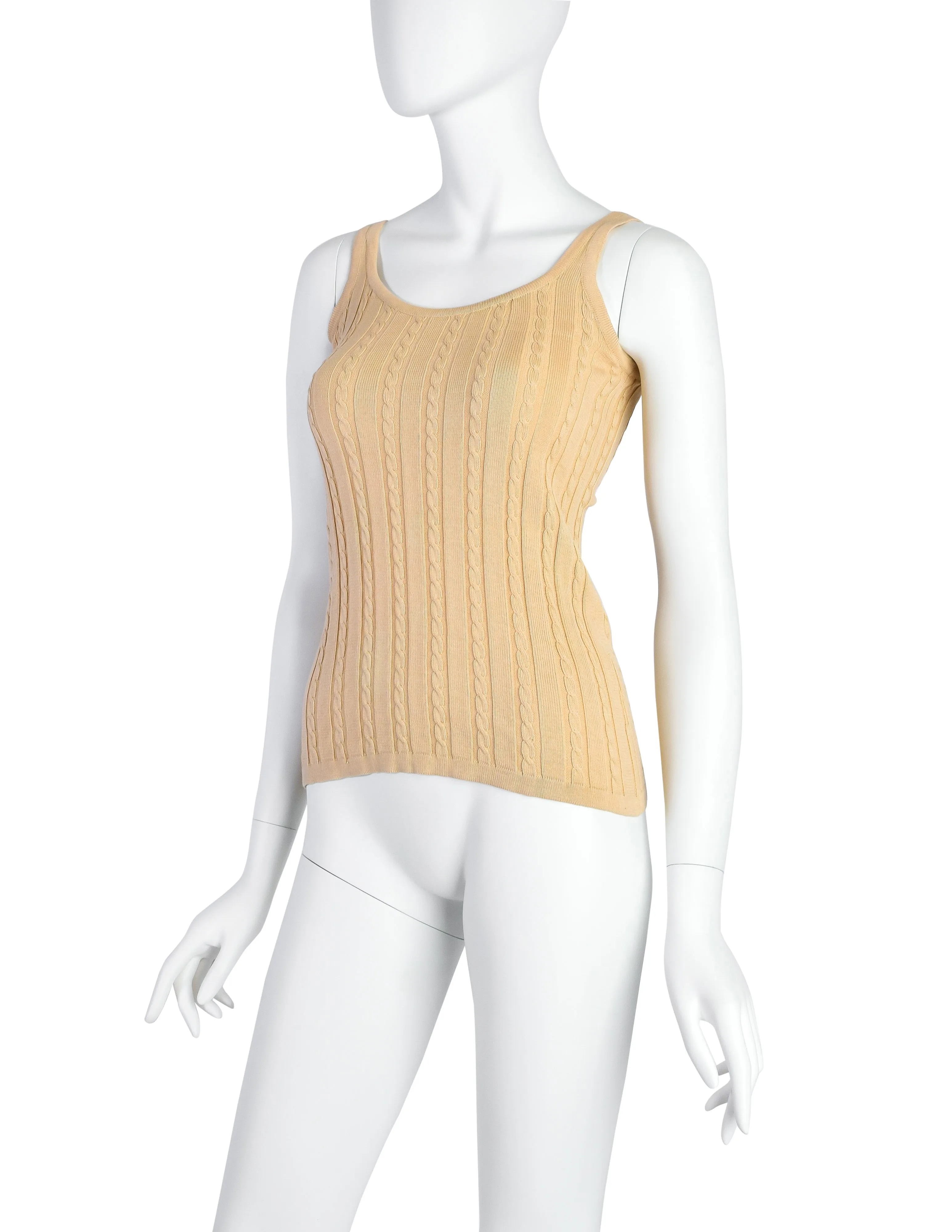 Yves Saint Laurent Vintage 1970s Beige Ribbed Cable Knit Cotton Tank Top