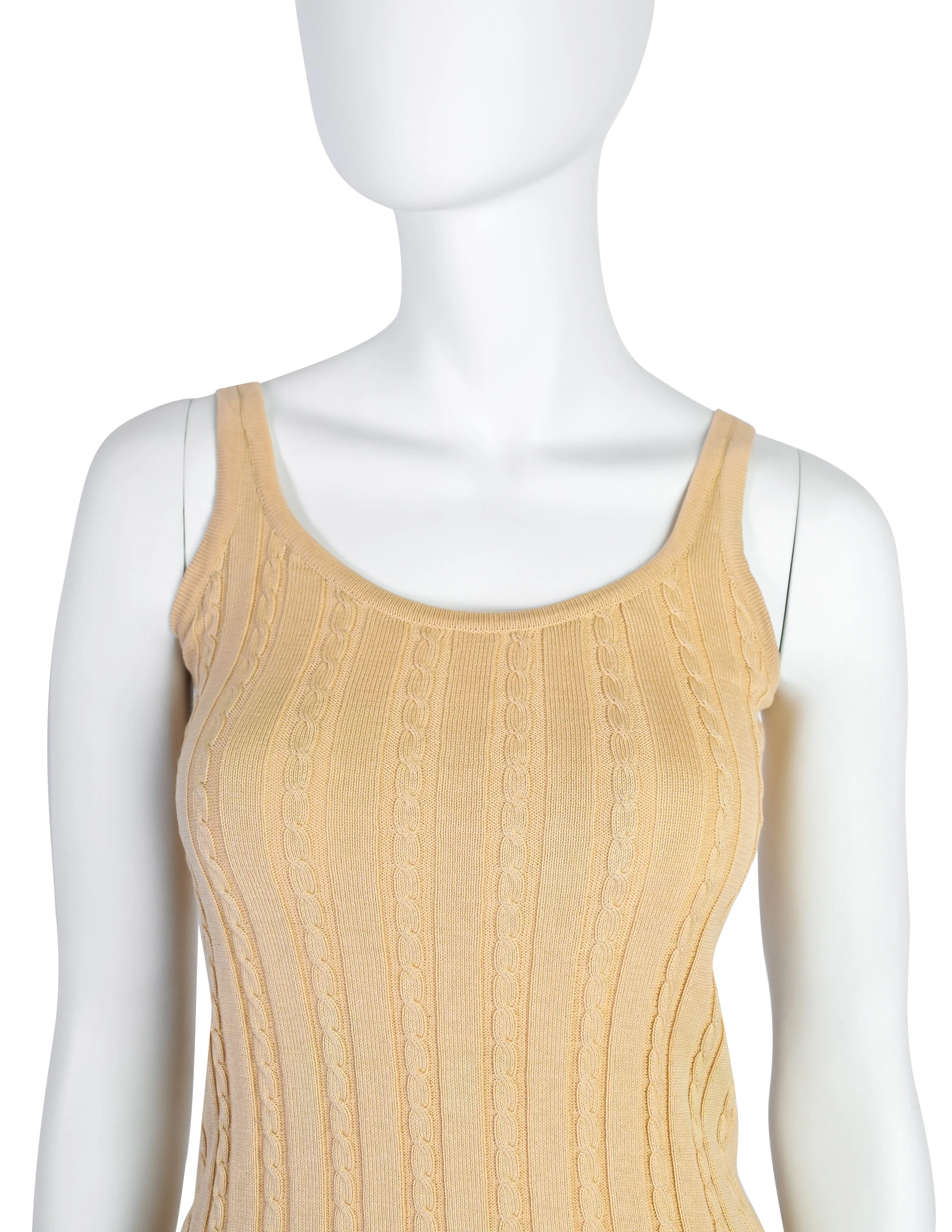 Yves Saint Laurent Vintage 1970s Beige Ribbed Cable Knit Cotton Tank Top