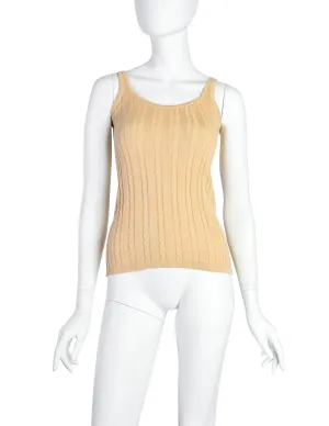 Yves Saint Laurent Vintage 1970s Beige Ribbed Cable Knit Cotton Tank Top